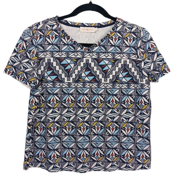 TORY BURCH  Multicolor Geometric Print Ponte Cropped Shirt Small  Short Sleeve - Picture 1 of 6